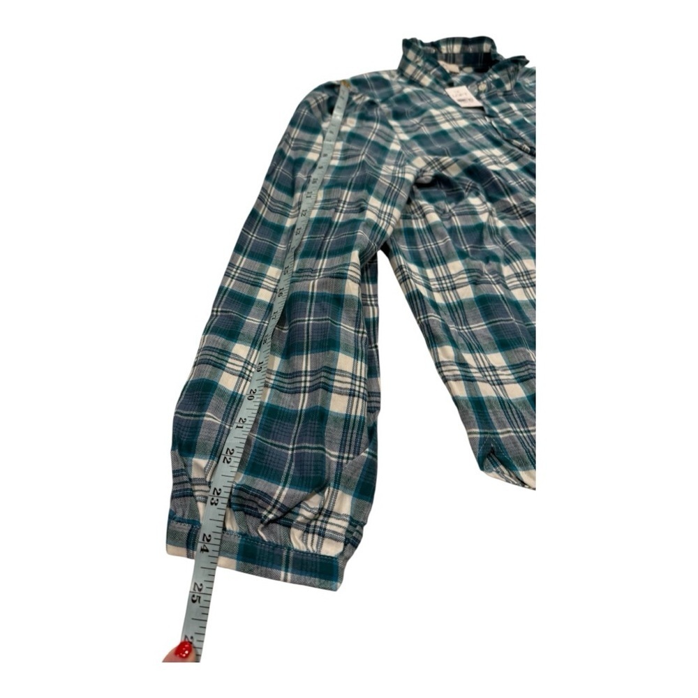 LOFT Green Plaid Ruffle High Neck Ruffle Front Button Down Shirt NEW Size Large - Picture 12 of 16